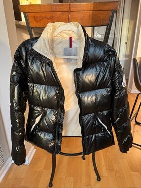 Women’s Moncler Black Shiny Puffer Jacket with Cream Interior